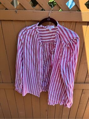 Daily Thread Striped Pink & White Button-Down Ruffle Blouse